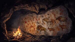 洞窟の火と、壁に残された手形と動物の絵