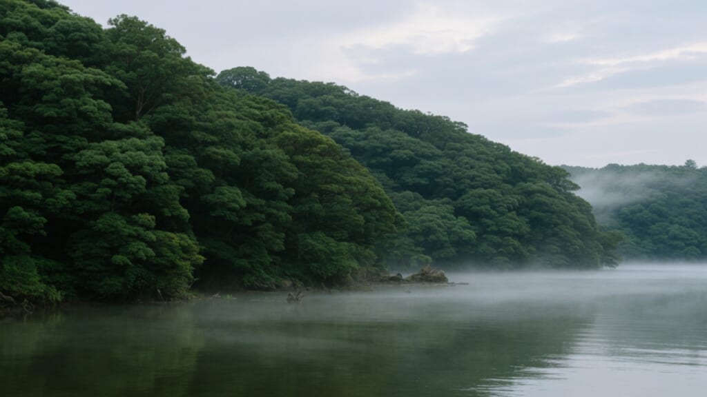 森が海辺まで降りた入江