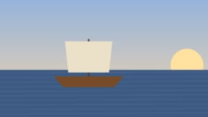朝日の海を西へ進む古代の帆船