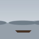 霞む海と島影、小舟